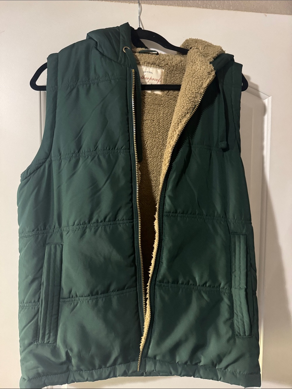 Men's Quilted Hooded Vest in Dark Green with Sherpa Lining-size small